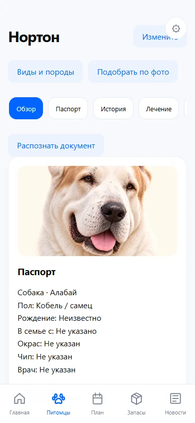 Экран «Карточка питомца» — демонстрационные данные