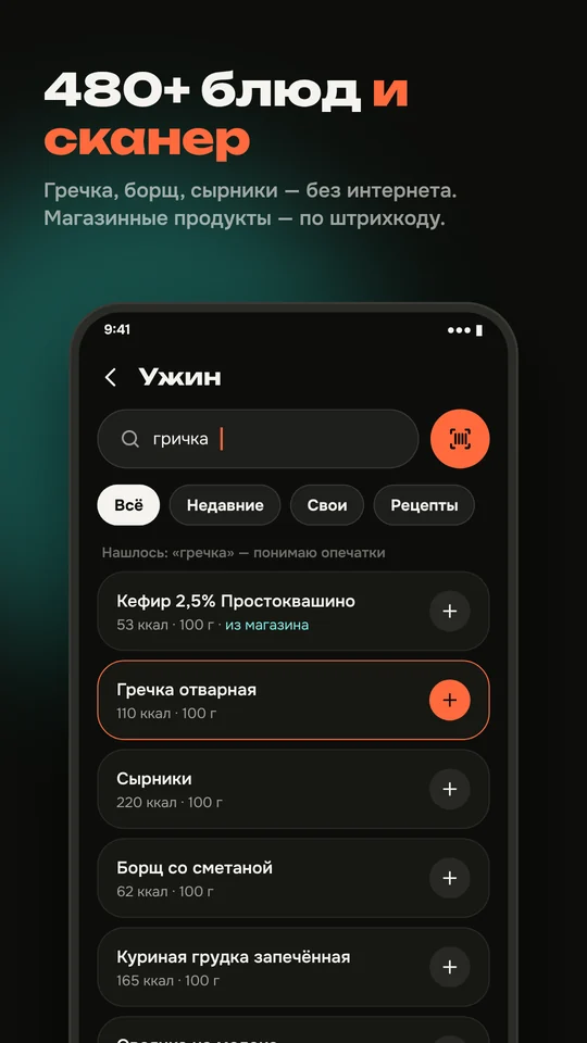 480+ блюд и сканер — экран приложения